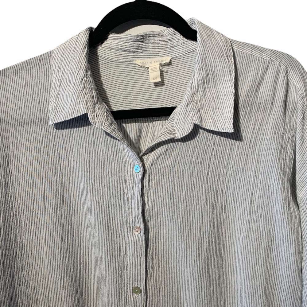 Eileen Fisher Striped Button-Up Crinkled Blouse - Picture 4 of 10